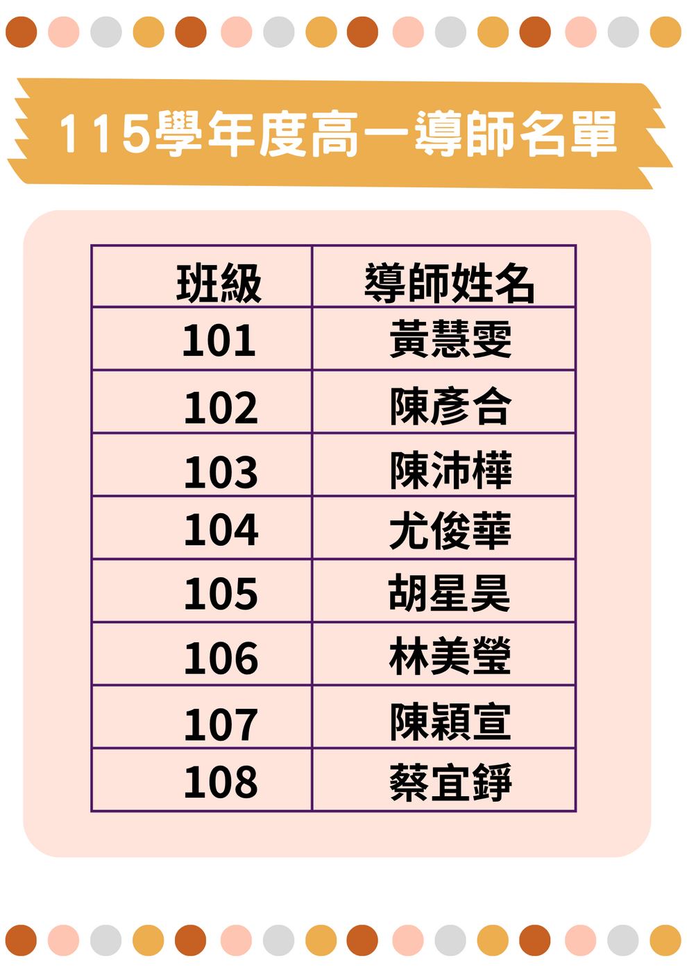 高一班級導師名單