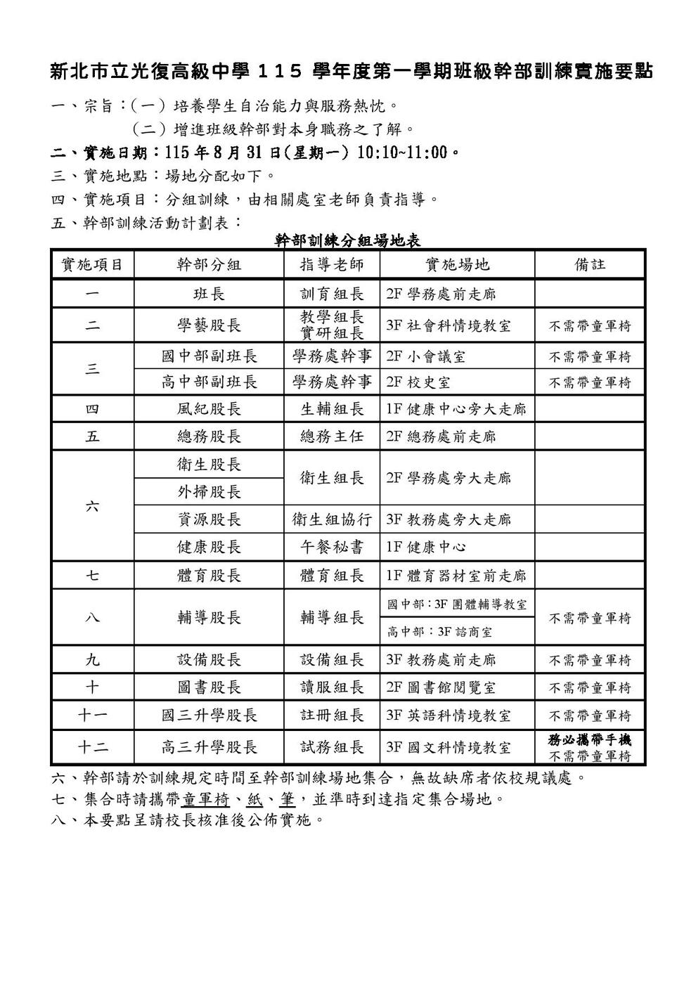 幹部訓練場地分組表