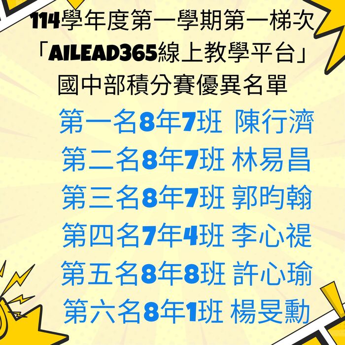 新北市光復高級中學114學年度第一學期數位平台 「AILEAD365線上教學平台」第一梯次積分賽優異名單圖片