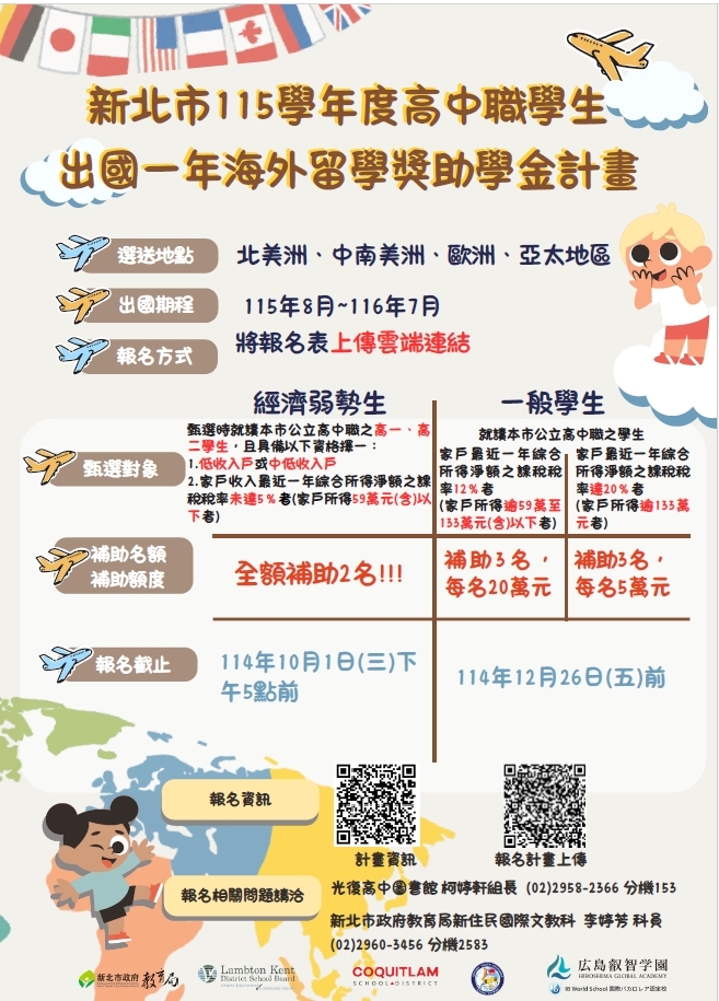 (10/7更新: 第一階段報名時間延長至10/9) 新北市115學年度高中職學生出國一年海外留學獎助學金計畫開始報名，請有興趣的高中部同學踴躍參與。圖片