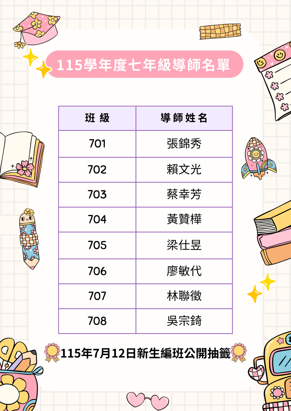 七年級新生班級導師名單