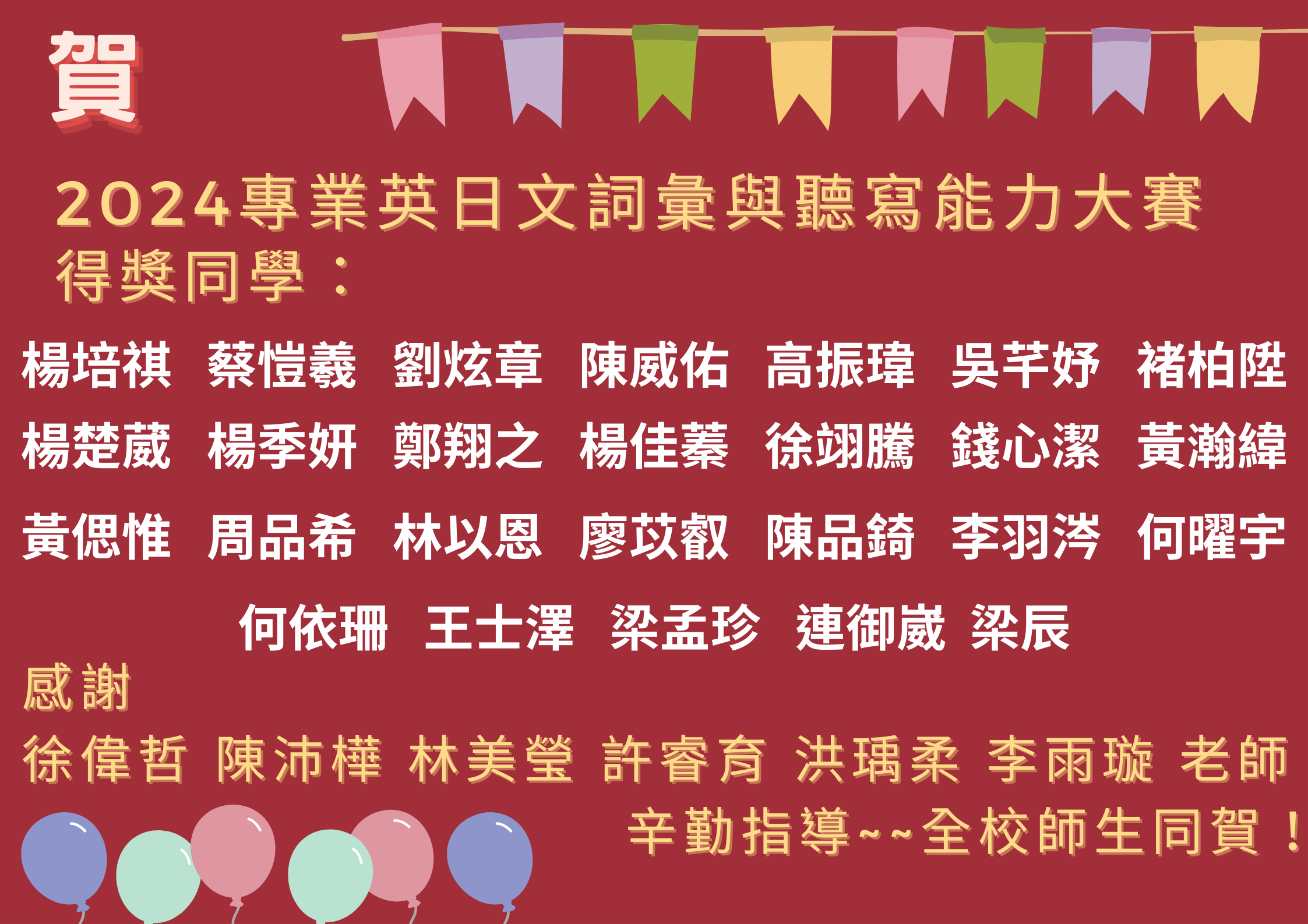 2024專業英日文詞彙與聽寫能力大賽獲獎名單